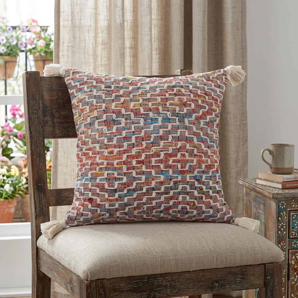 20 Red Blue And Natural Geometric Polyester Blend Throw Pillow Cover with Tassels