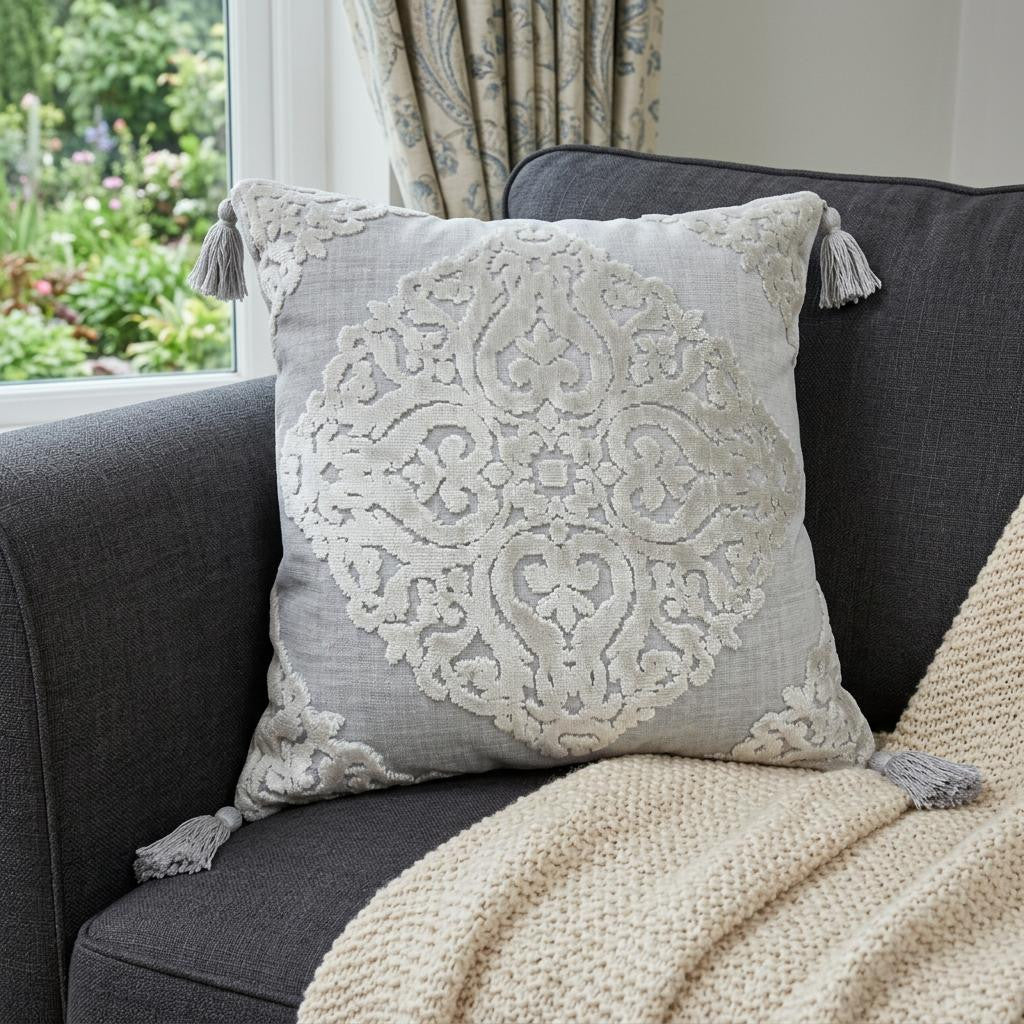 18 Silver And Gray Medallion Viscose Throw Pillow Cover with Tassels