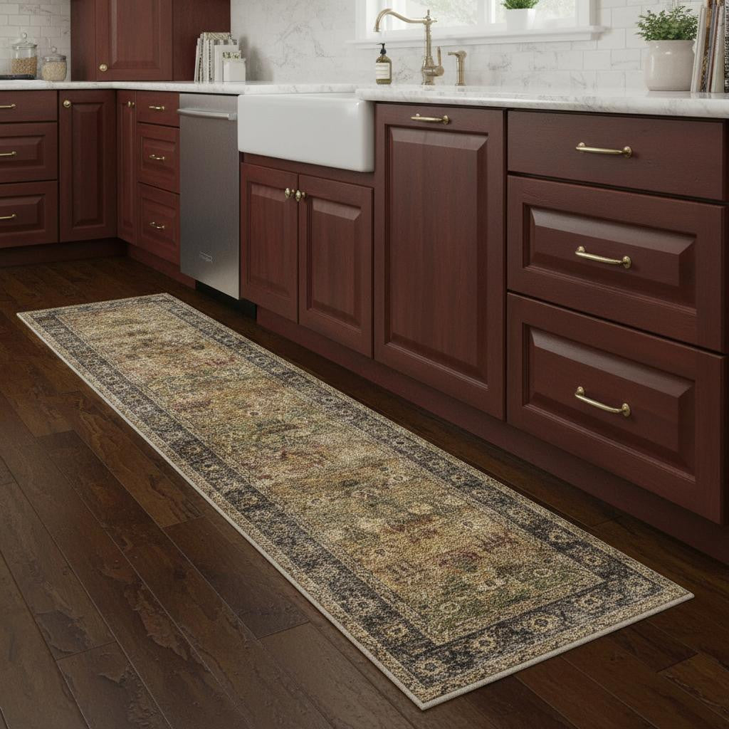 8 Brown Beige And Green Floral Medallion Washable Area Rug