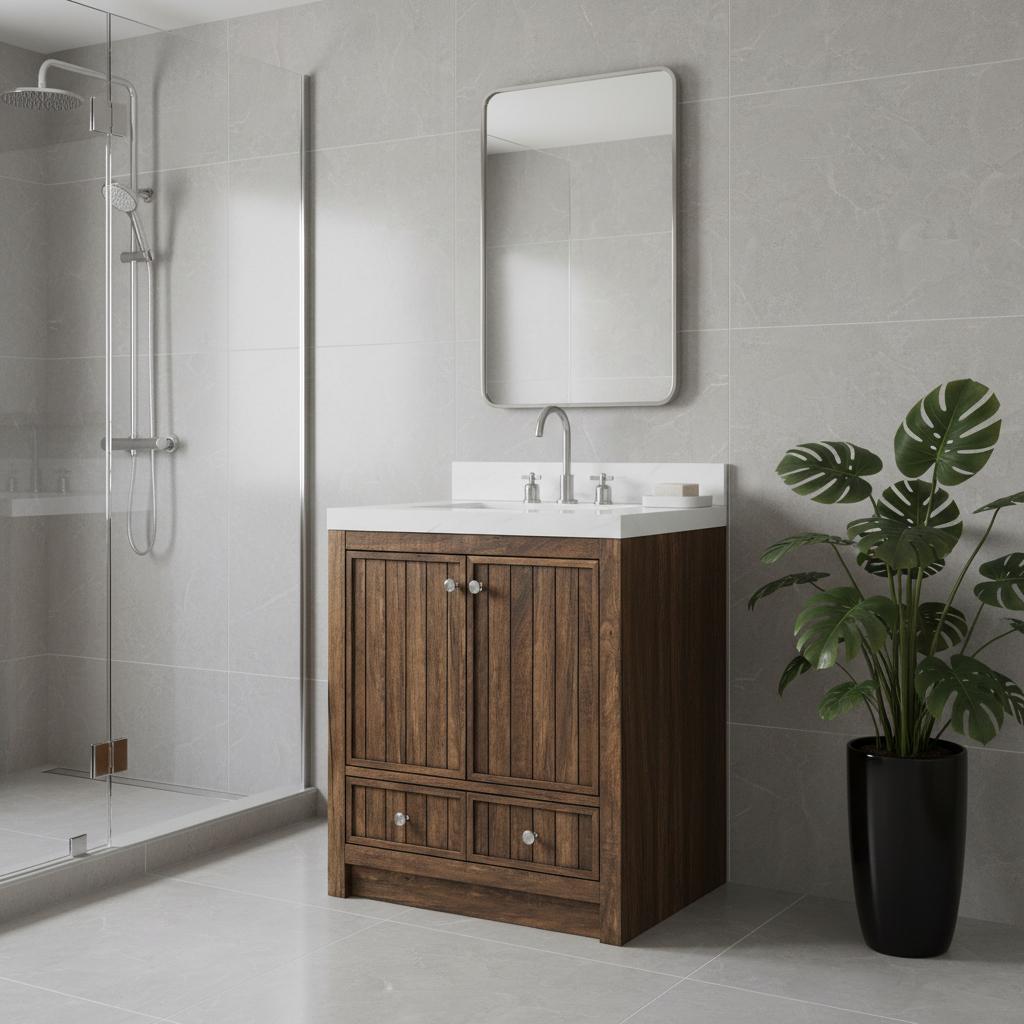 30 Brown Wood Freestanding Bathroom Vanity With White Quartz Countertop