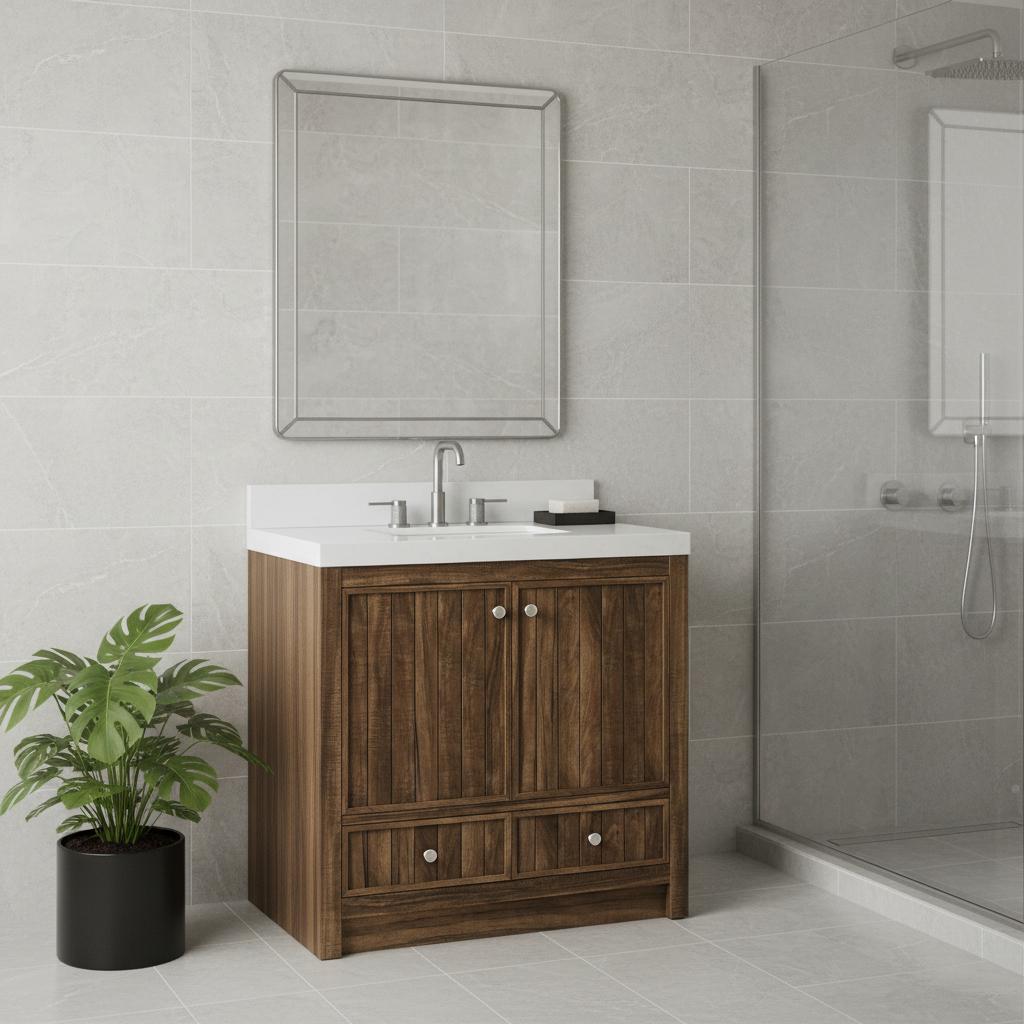 36 Brown Wood Freestanding Bathroom Vanity With White Quartz Countertop