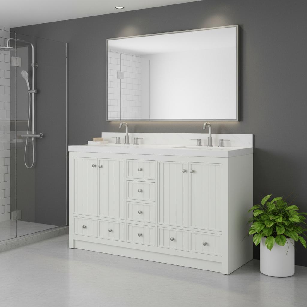 60 White Wood Double Bathroom Vanity With White And Gray Quartz Countertop