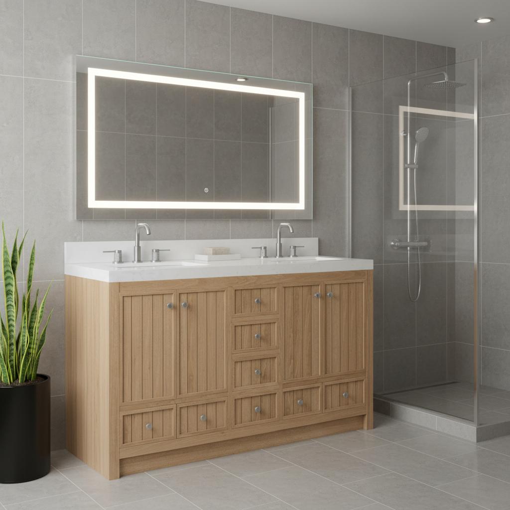 60 Natural Wood Double Bathroom Vanity With White And Gray Quartz Countertop