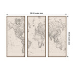 Vintage Black and White World Map Linen 3 Piece Framed Canvas Wall Art Set by The Creative Bunch Studio