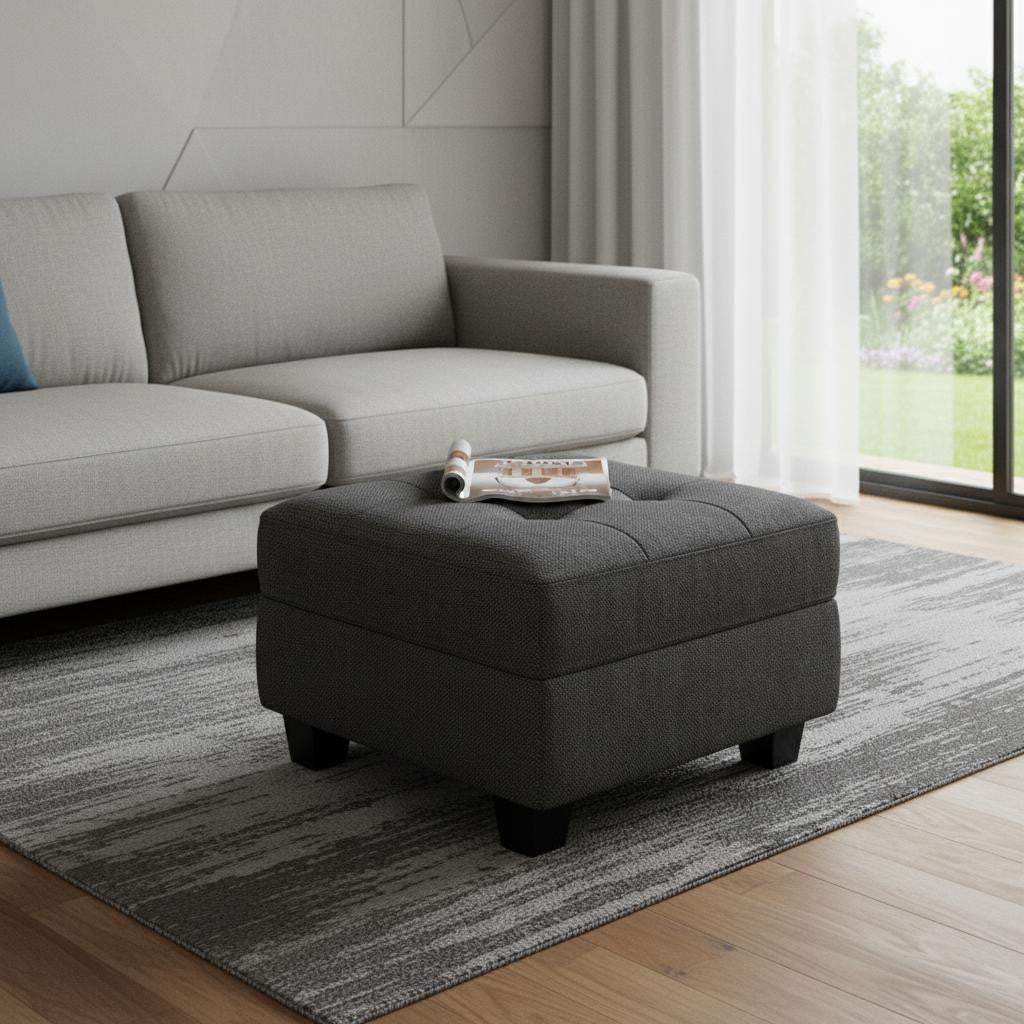 26 Gray and Black Solid Wood and Linen Tufted Storage Ottoman
