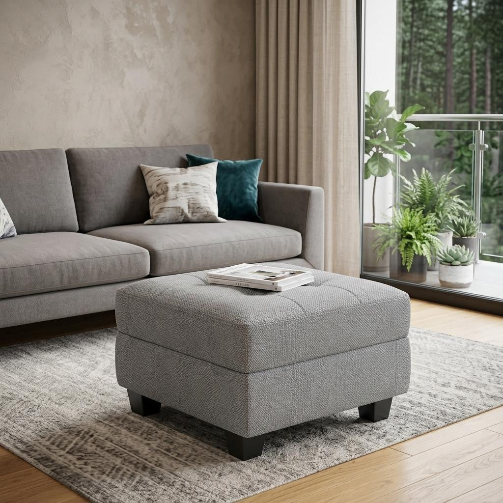 26 Light Gray and Black Linen Tufted Storage Ottoman