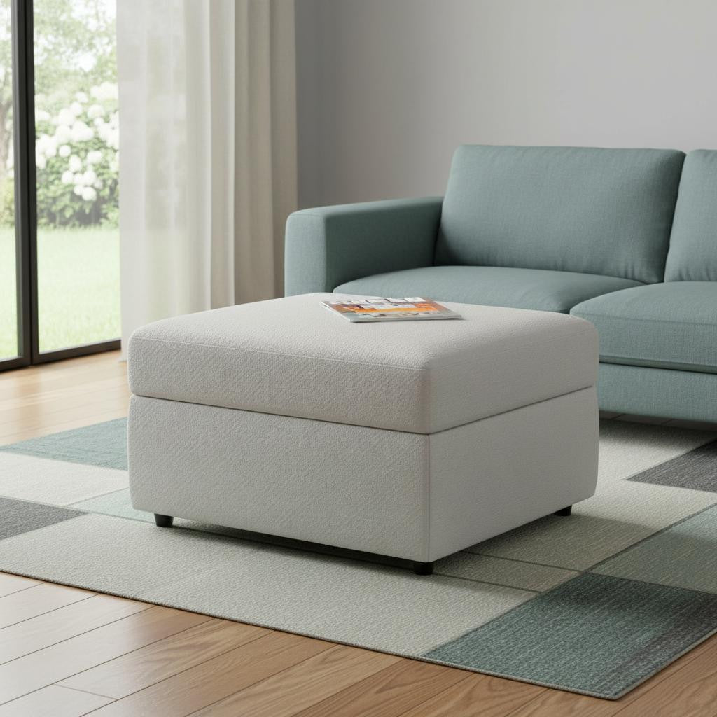 30 Beige and Black Chenille Storage Ottoman