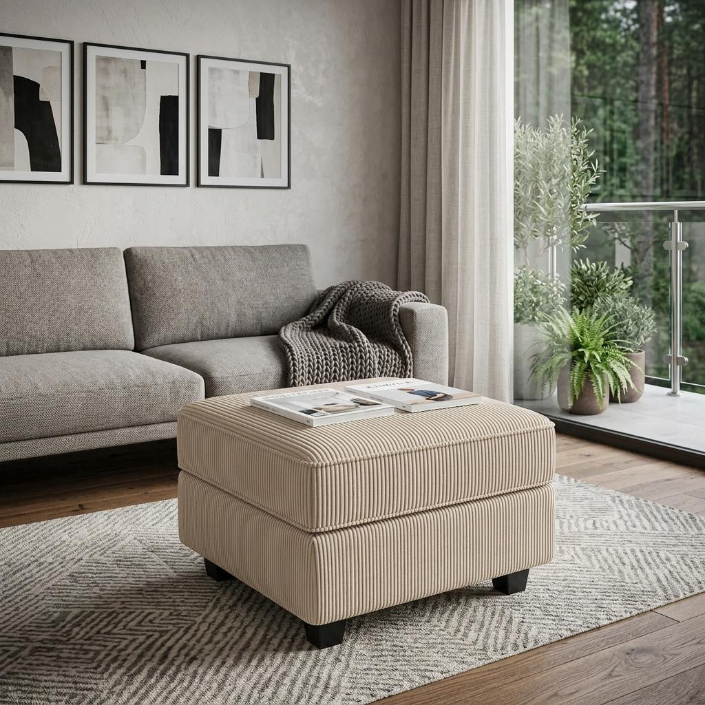 26 Beige and Black Corduroy Storage Ottoman