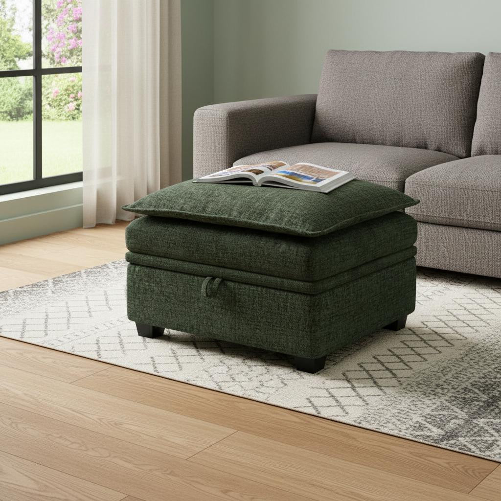 30 Green and Black Chenille Storage Ottoman
