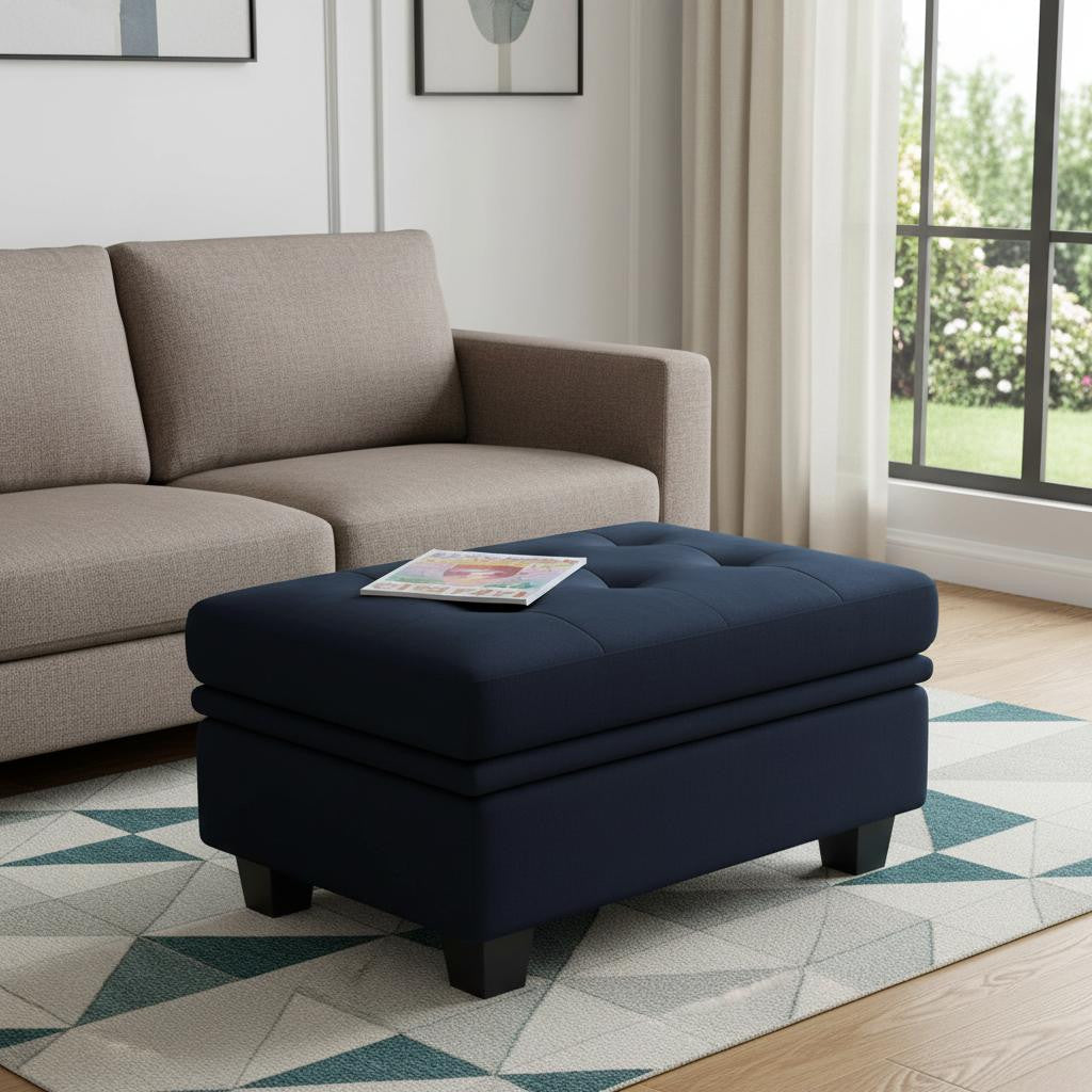 32 Blue and Black Velvet Tufted Storage Ottoman