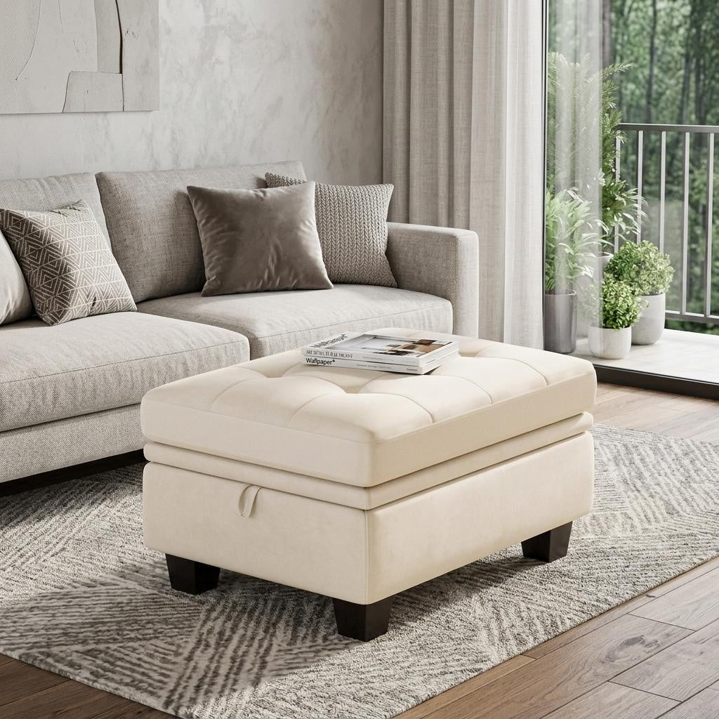 32 Beige and Black Velvet Tufted Storage Ottoman