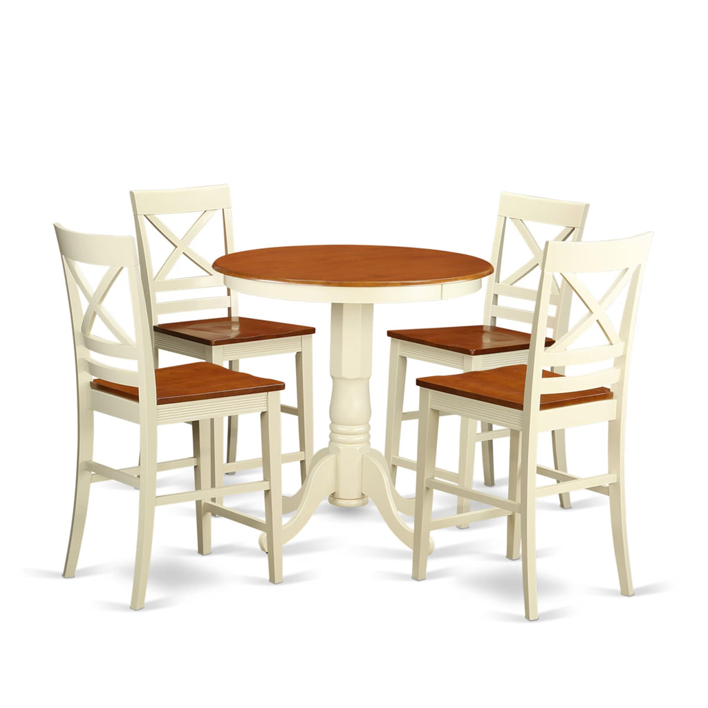 East West Furniture EDQU5-WHI-W 5 Piece Kitchen Counter Set Includes a Round Dining Room Table with Pedestal and 4 Dining Chairs, 30x30 Inch, Buttermilk & Cherry