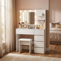35 White Wood Five Drawer Vanity Table With Stool Mirror And Lights