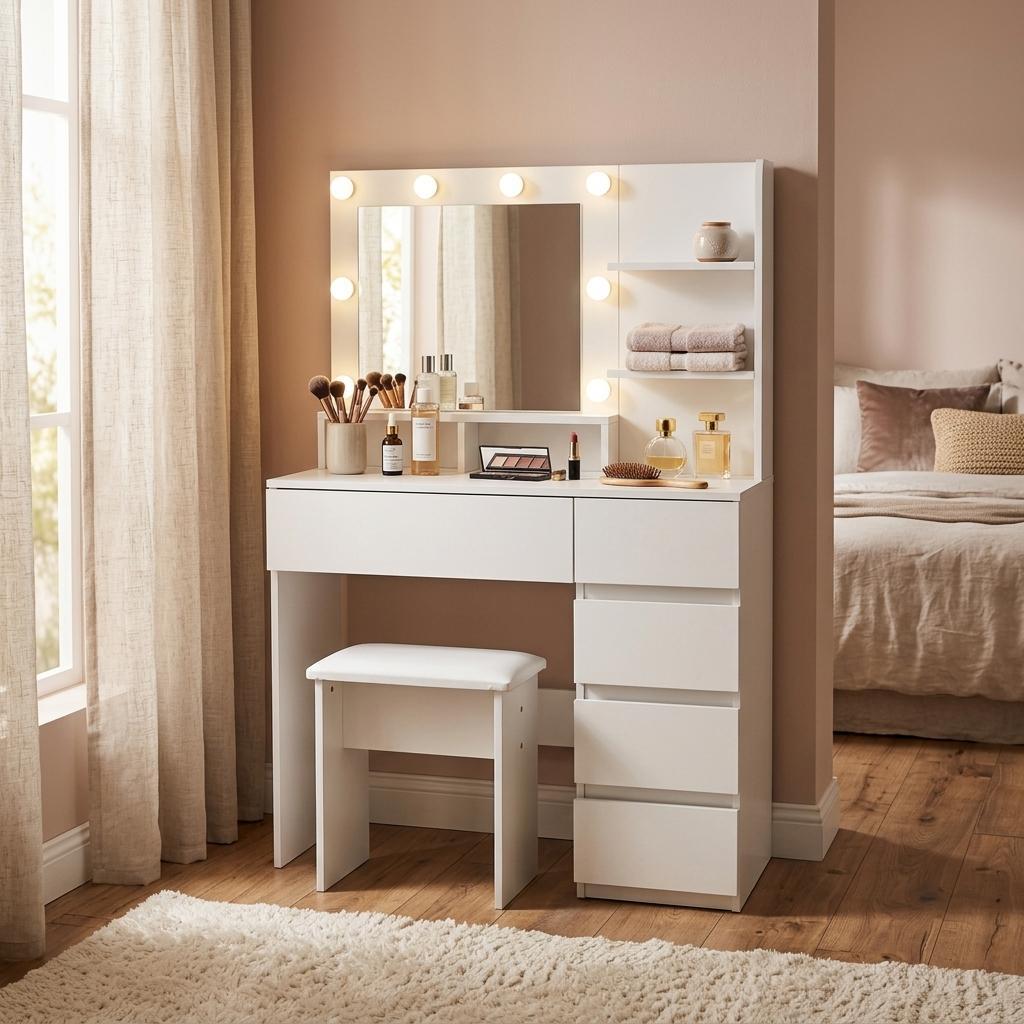 35 White Wood Five Drawer Vanity Table With Stool Mirror And Lights