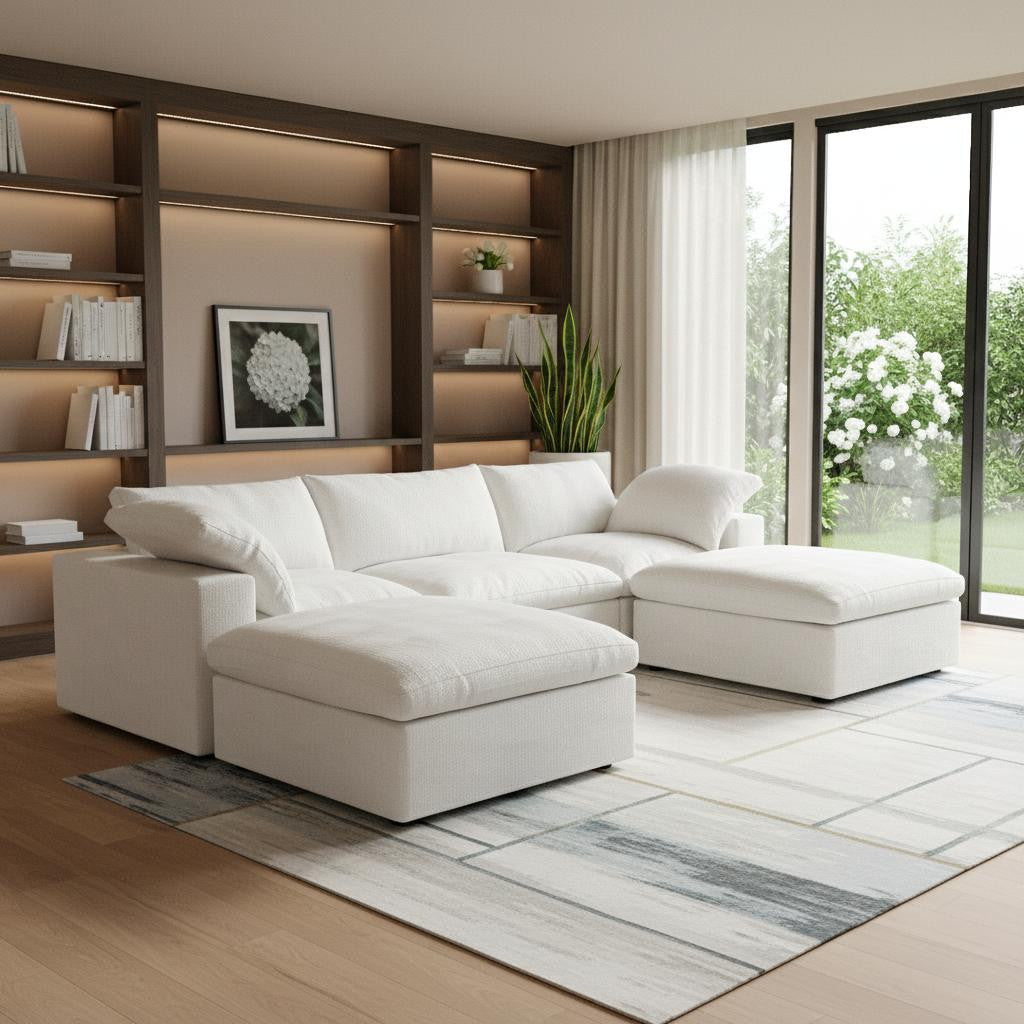 120 White Linen Blend Modular Universal Sofa With Ottoman And Storage