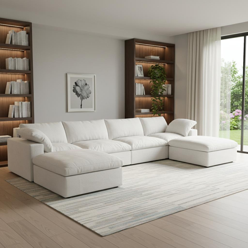 160 White Linen Blend Modular Sofa With Ottomans Toss Pillows And Storage