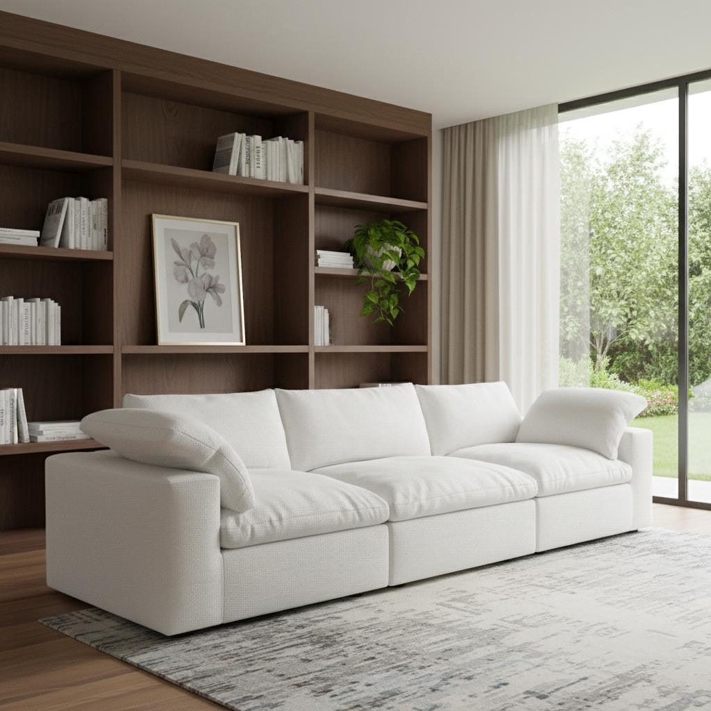 120 White Linen Blend Modular Sofa With Toss Pillows
