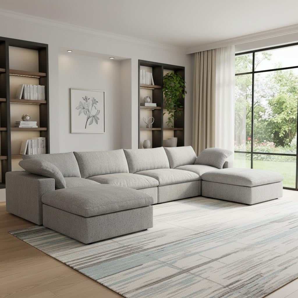 160 Light Gray Linen Blend Modular Sofa With Ottomans Toss Pillows And Storage