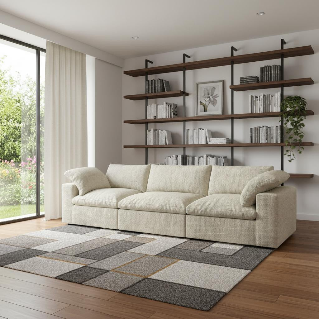 120 Khaki Linen Blend Modular Sofa With Toss Pillows