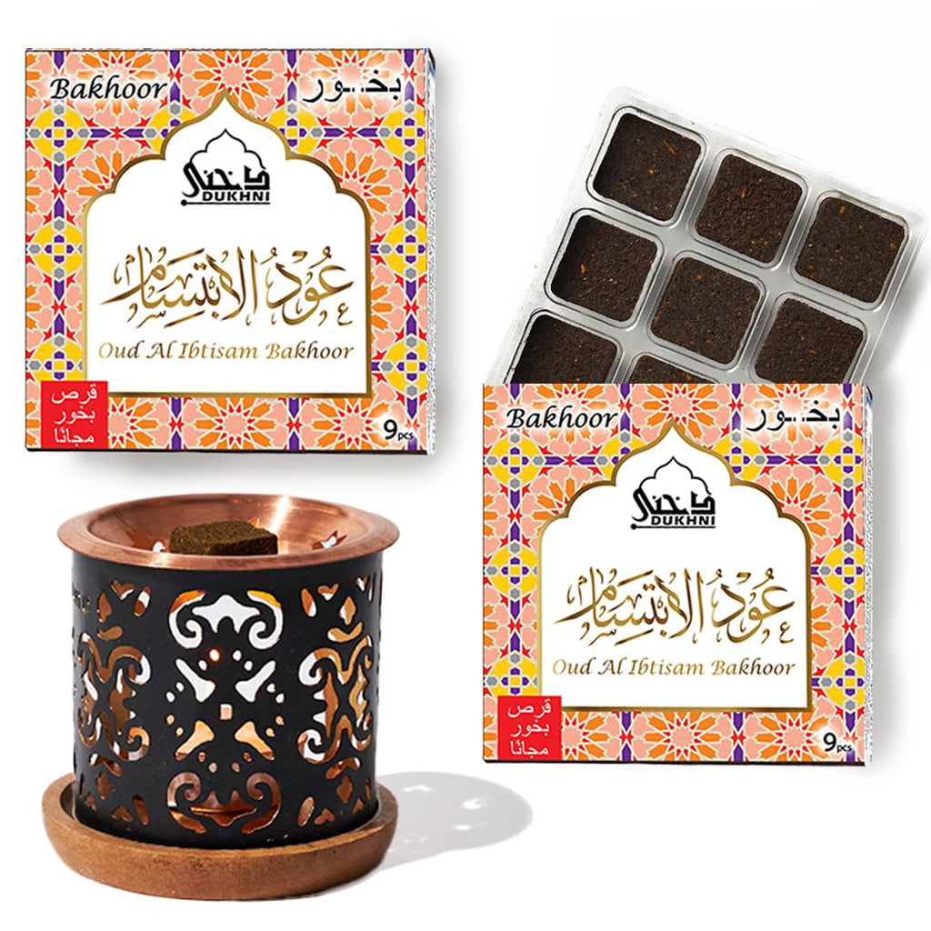 Oud Al Ibtisam Bakhoor Set by Dukhni | 2 x 9 Piece Each & Taj Bakhoor Burner | Arabic Bakhoor Incense | Warm Floral Oud Blend | 