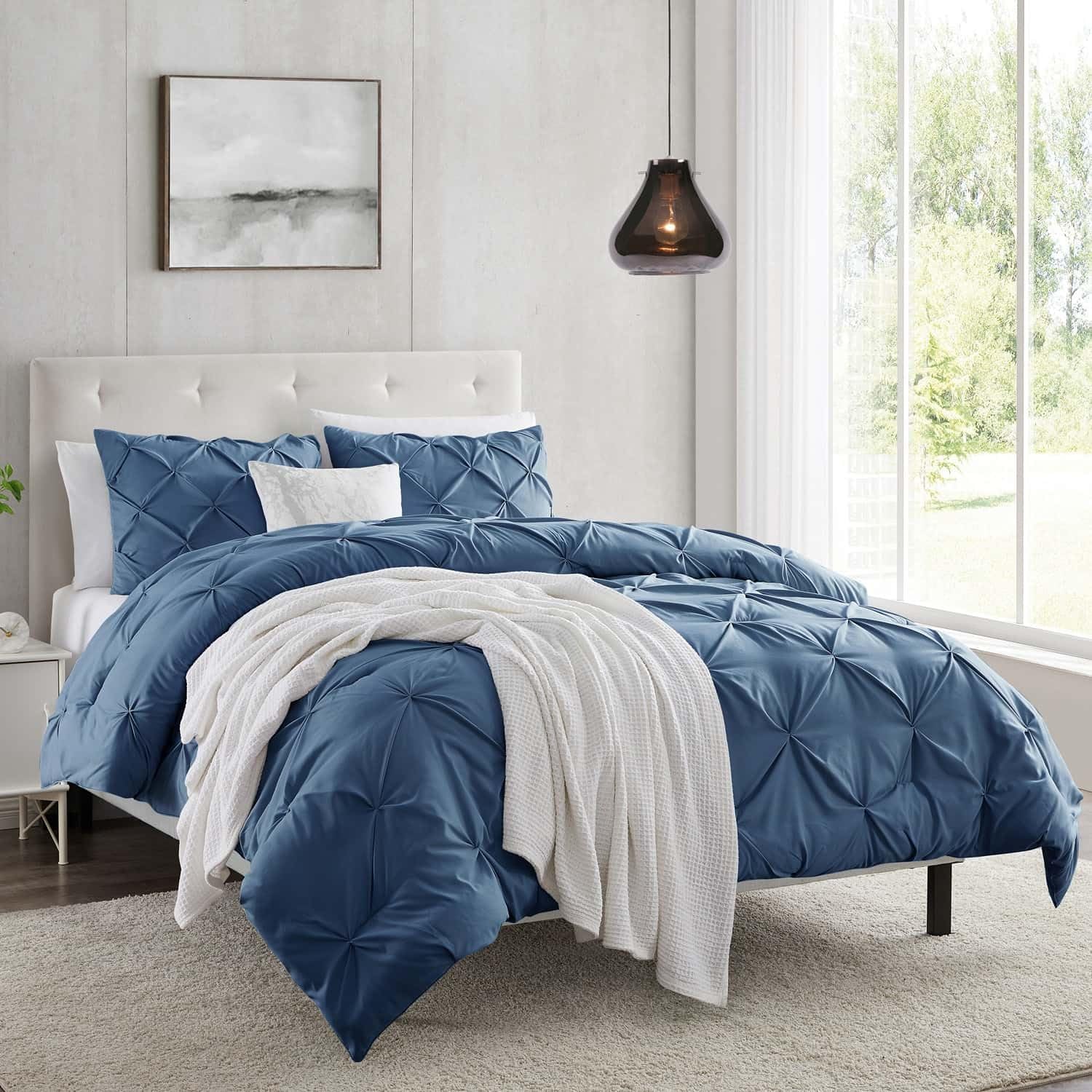 Nestl Twin Duvet Cover Set Pintuck - Double Brushed Navy Duvet Cover Twin 2 Piece With Button Closure, 1 Pinch Pleated Twin Size