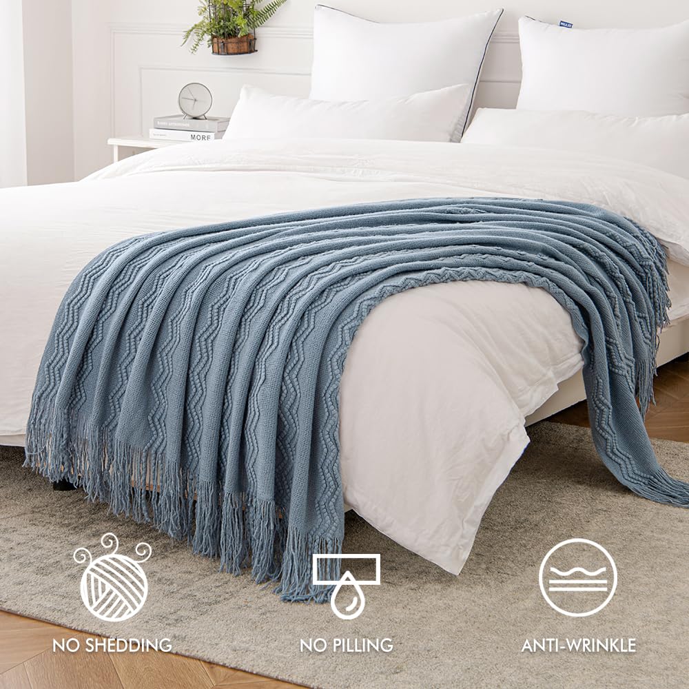Miulee Dusty Blue Knitted Throw Blanket For Couch Textured Knit Blanket With Tassels Cozy Woven Boho Bed Blanket For Sofa Bed Chair Acrylic Wave Pattern 50'X60'