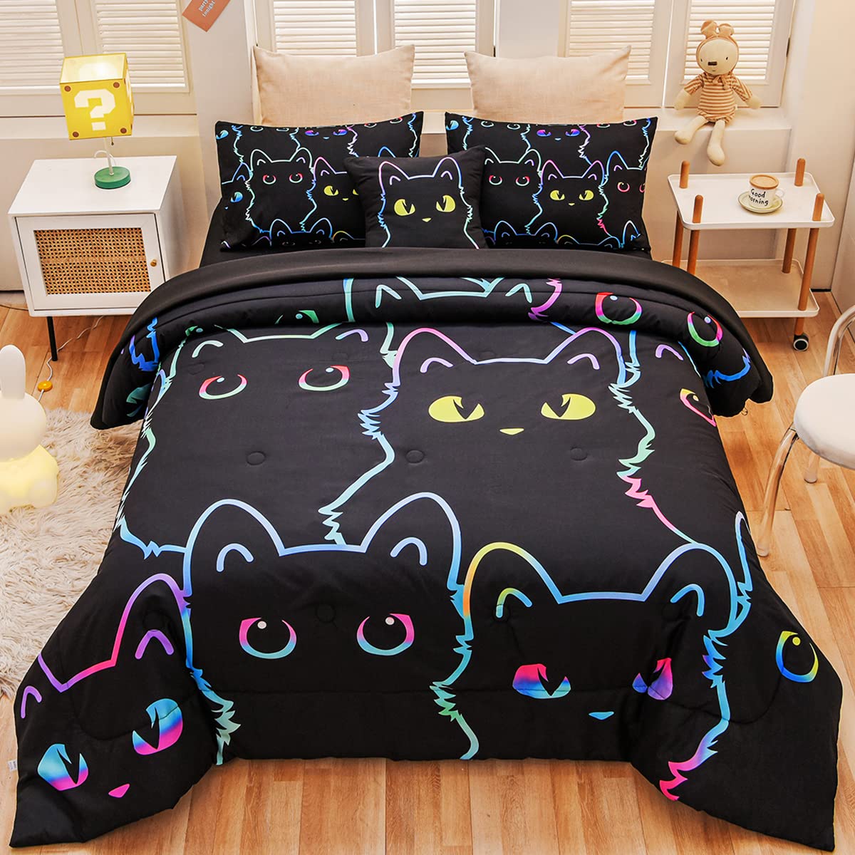 Tasselily Cute Cat Comforter Set (Black1, Full6Pcs)
