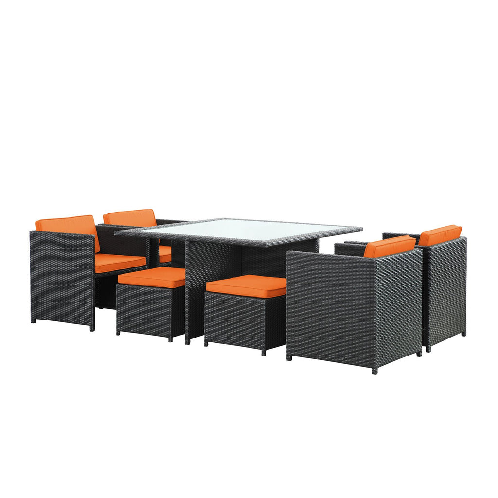 Modway Inverse Wicker Rattan 9-Piece Outdoor Patio Dining Furniture Set In Espresso Orange