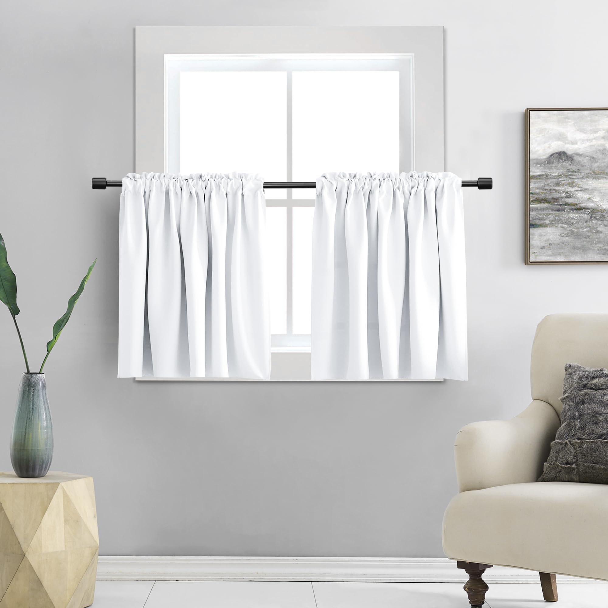 DONREN Pure White Small Window Curtain Panels for Kitchen - Room Darkening Curtain Tiers for Nursery with Rod Pocket (30 x 30 In