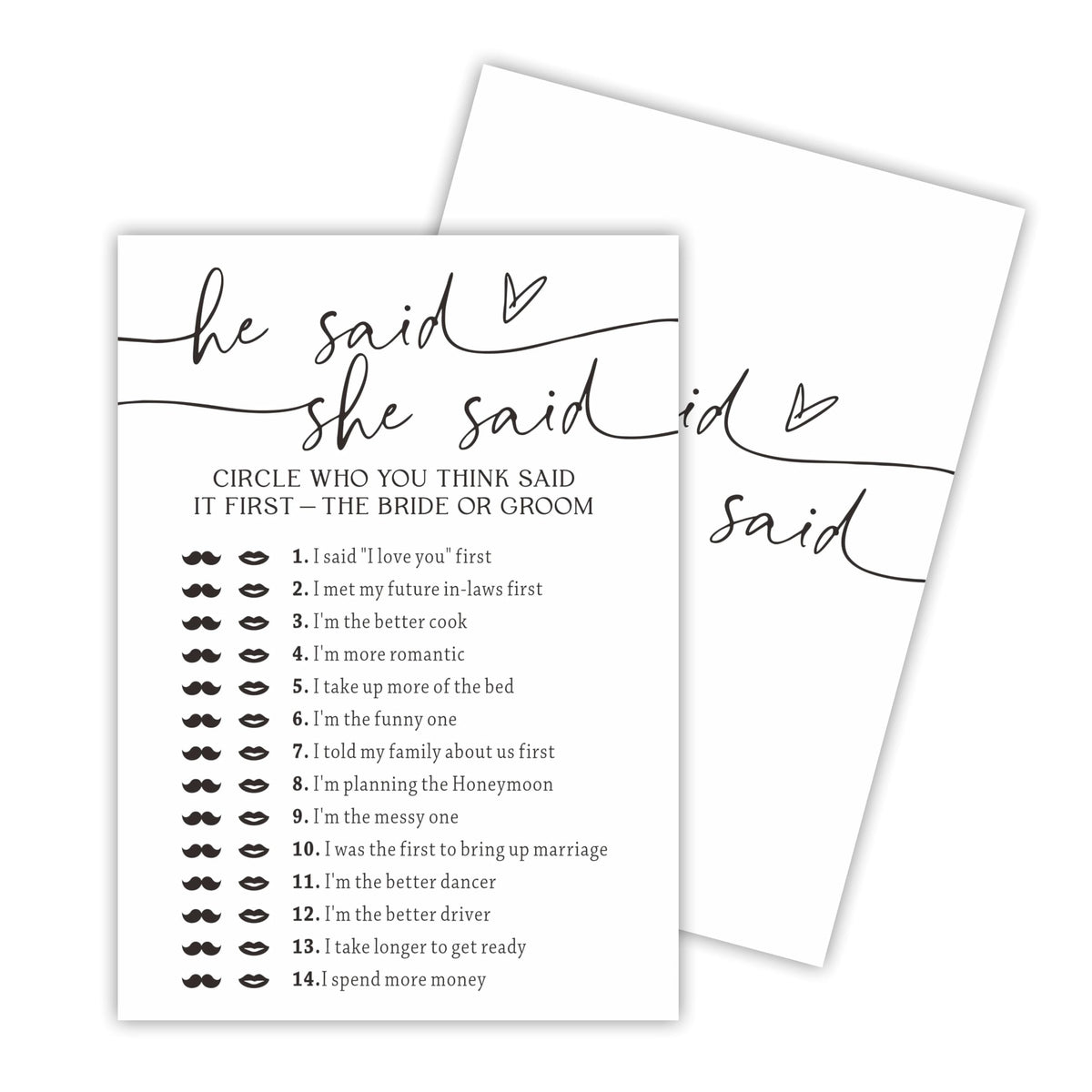 Minimalism Bridal Shower Game Cards, He Said She Said, Double-Sided Wedding Party Game Cards for 30 Guests, Engagement Party Act