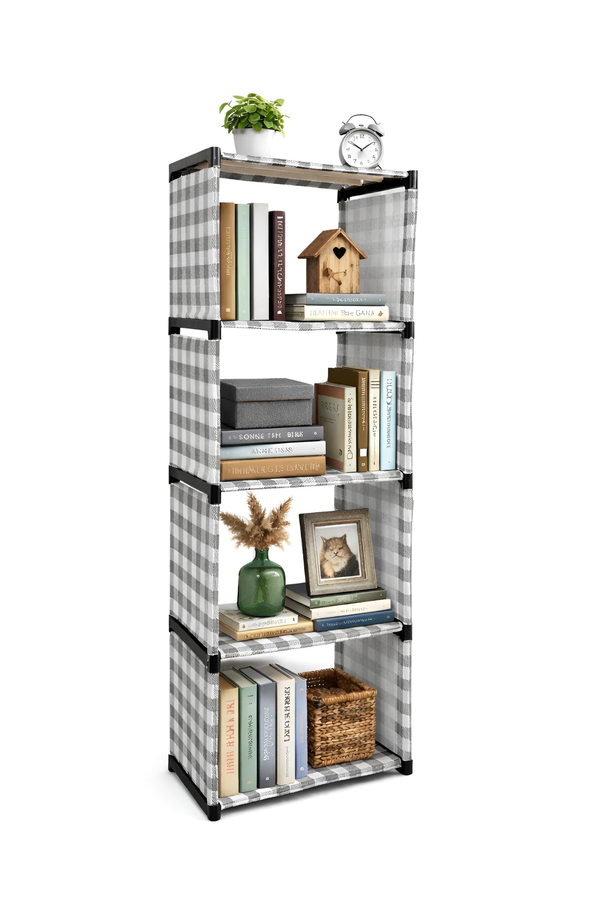 SaKLaK 5Tier Multipurpose Storage Rack  Foldable Cube Organizer  Brown Checkered Fabric 140 GSM with Perfect Fetting,Bookshel
