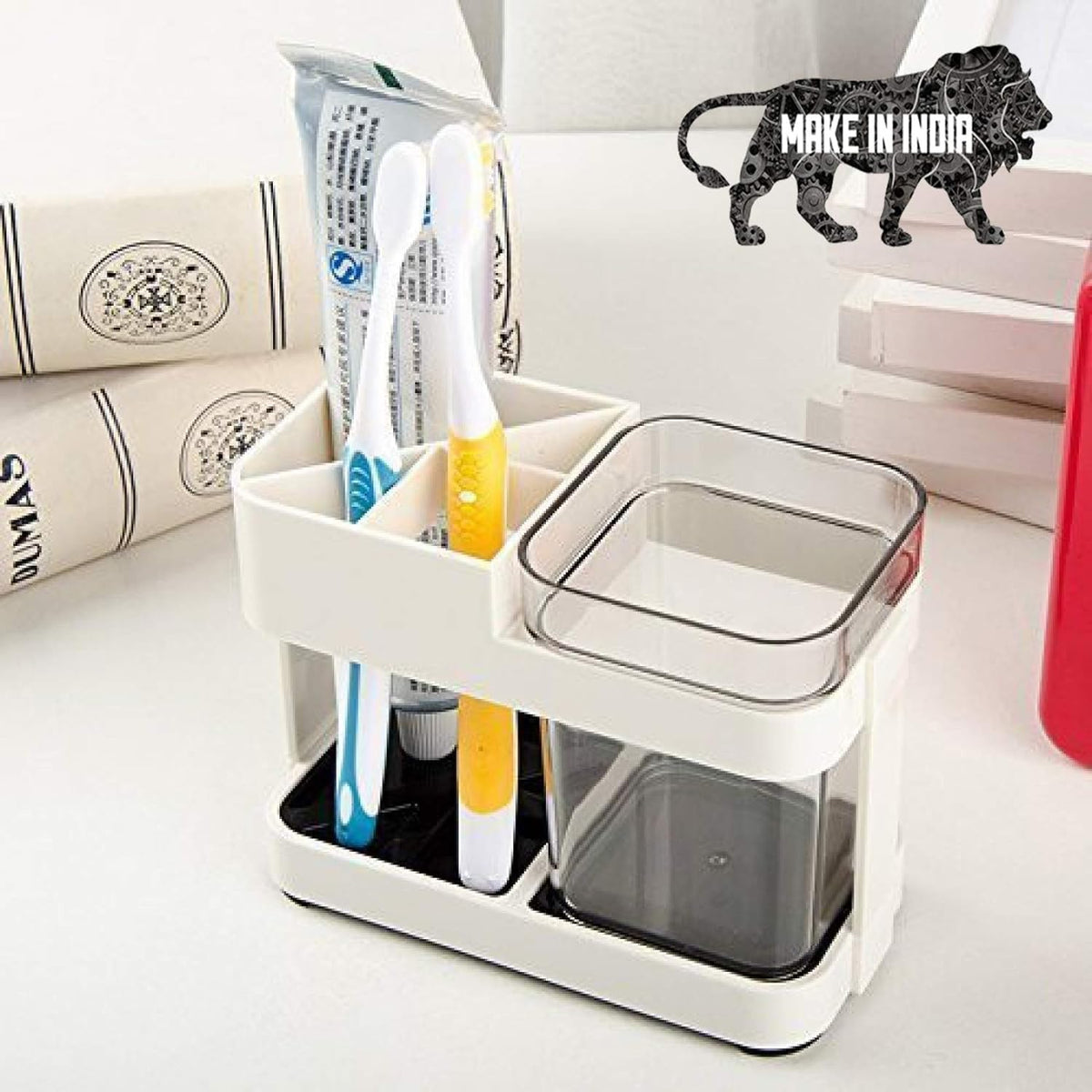WINZELLA Bathroom Organizer, Compact Toothbrush and Toothpaste Stand, Off White Vanity Storage  Countertop Accessory for a Tidy
