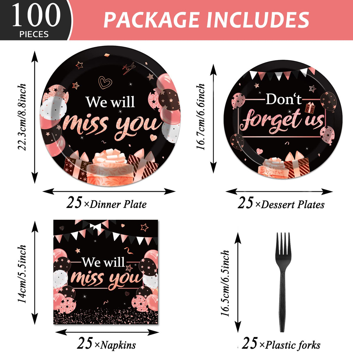 96Pcs We Will Miss You Party Paper Plate And Napkin Farewell Party Decoration Going Away Party Disposable Tableware Set Black An