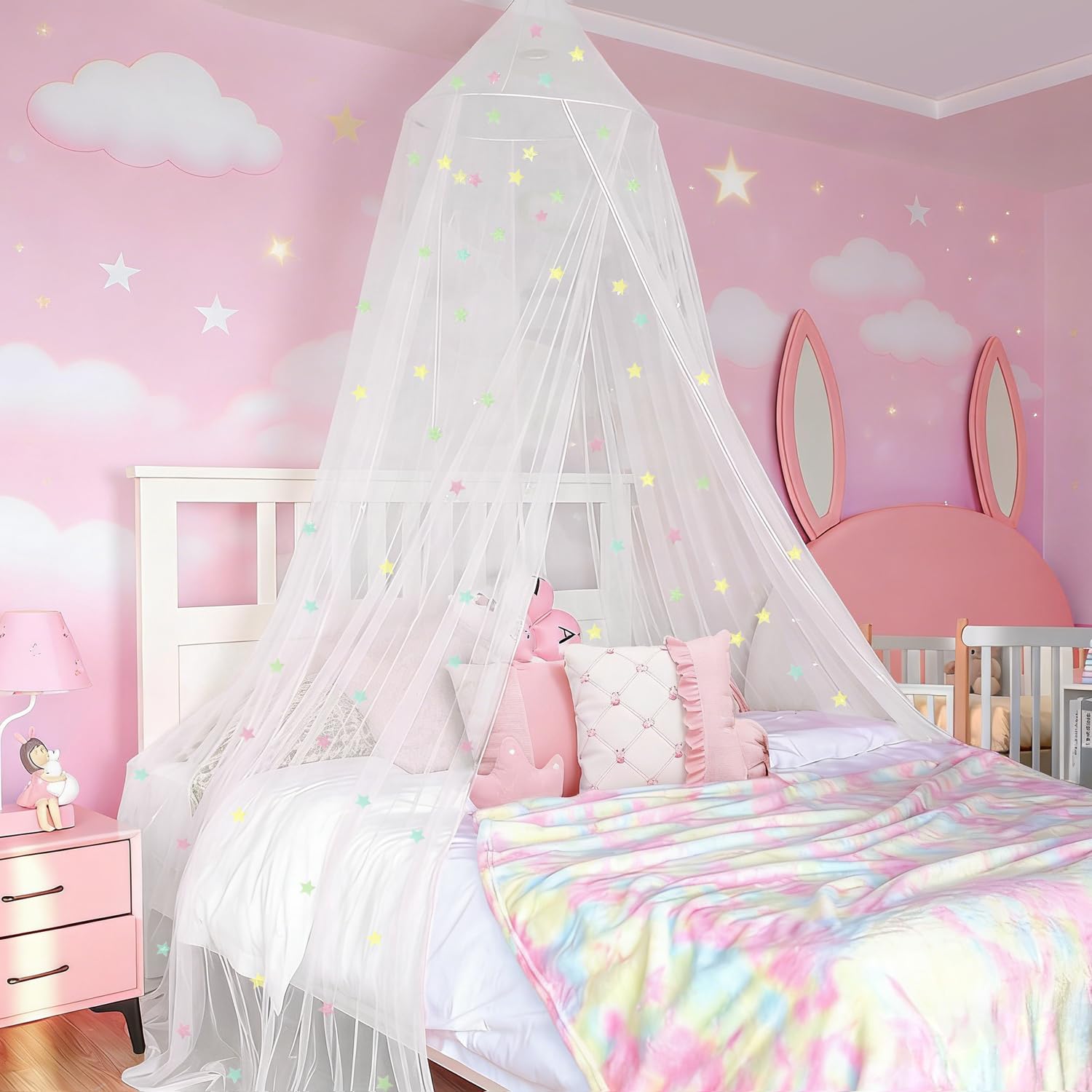 emopaw White Bed Canopy with 3D Glow-in-The-Dark Stars Glow in Dark, Large Mosquito Net Full Cover Twin/Full/Queen/King Bed, Hom