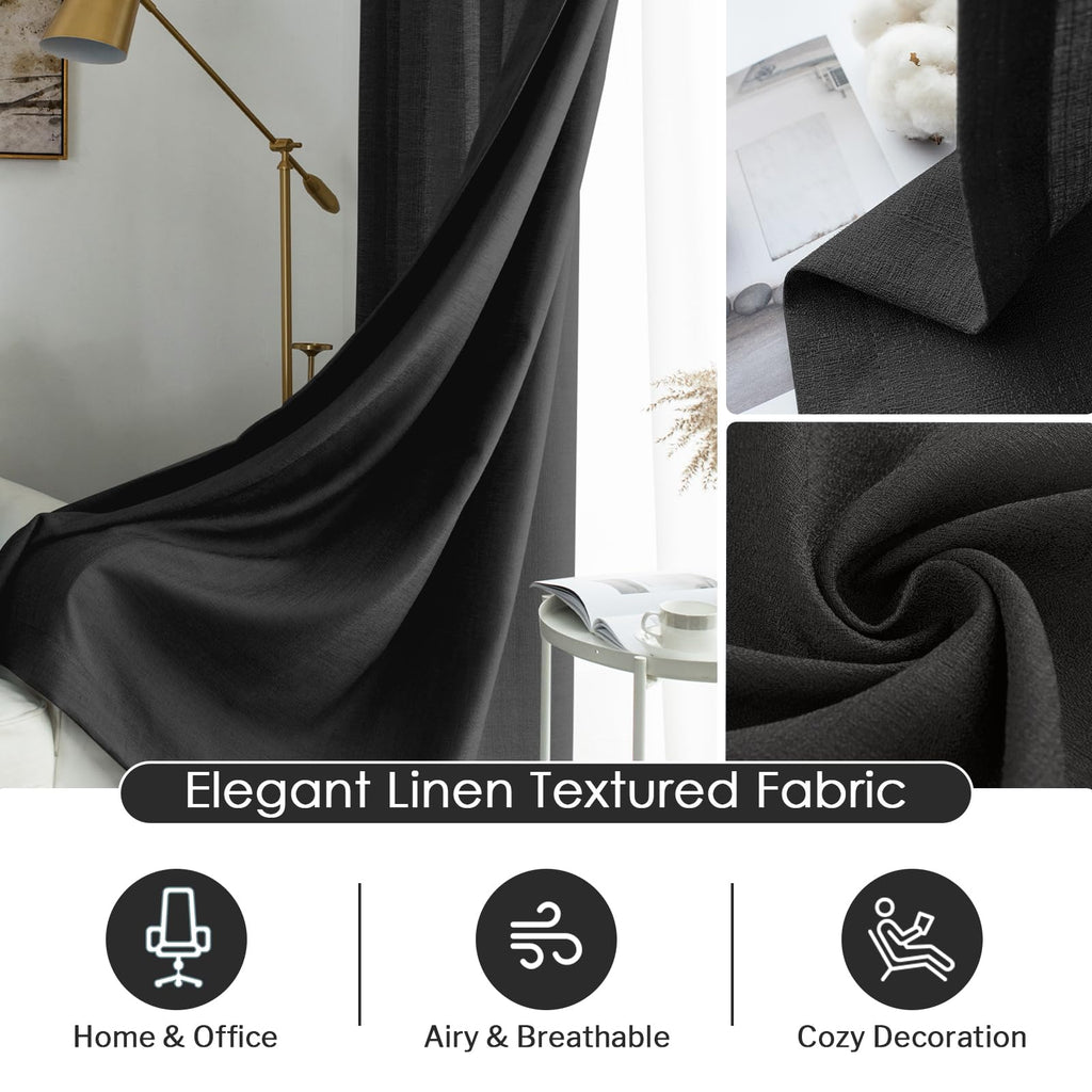 Melodieux Black Semi Sheer Curtains 72 Inches Long For Bedroom, Living Room Linen Look Privacy Window Rod Pocket Sheer Drapes, 5