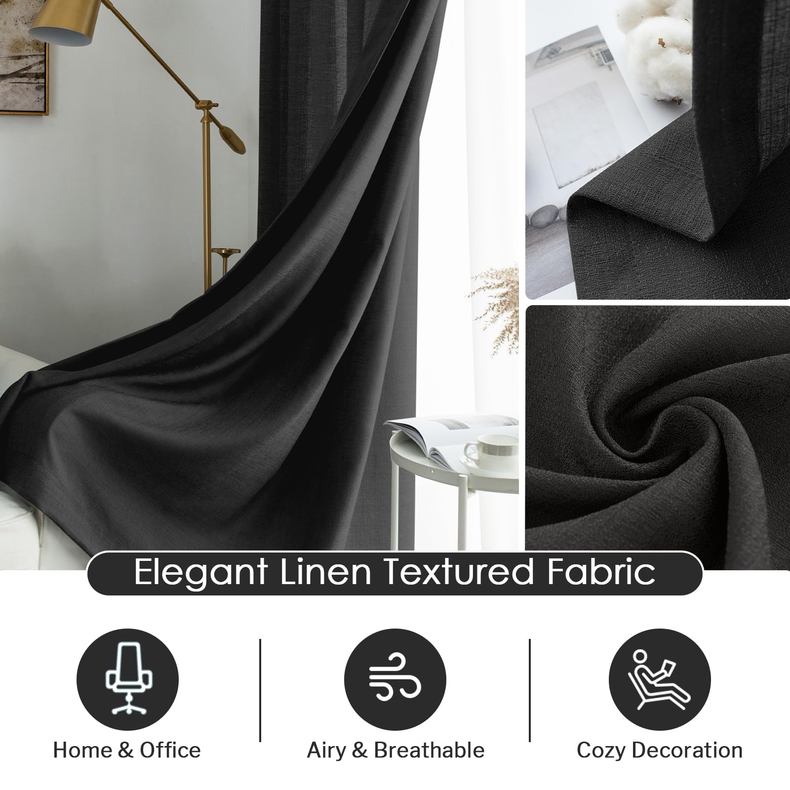 Melodieux Black Semi Sheer Curtains 72 Inches Long For Bedroom, Living Room Linen Look Privacy Window Rod Pocket Sheer Drapes, 5