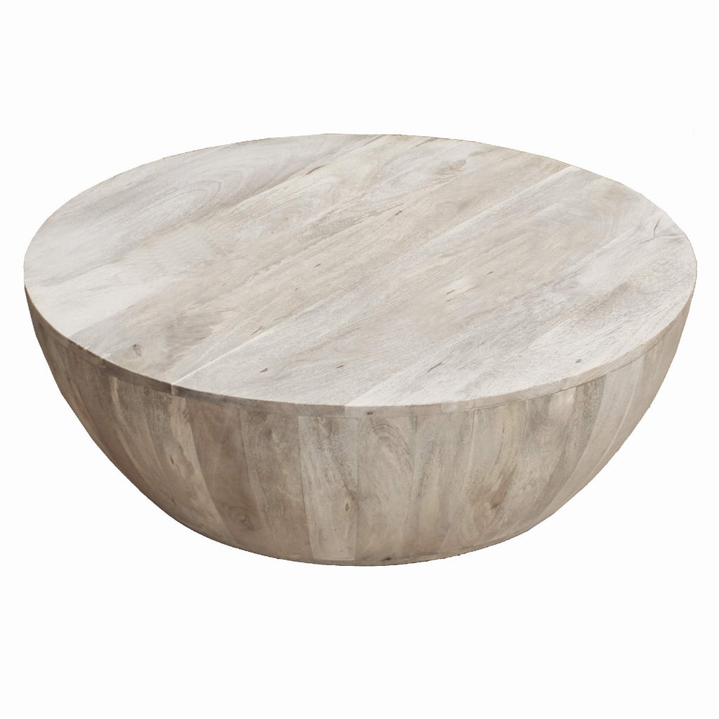 The Urban Port 12-Inch Height Round Mango Wood Coffee Table, Subtle Grains, Distressed White