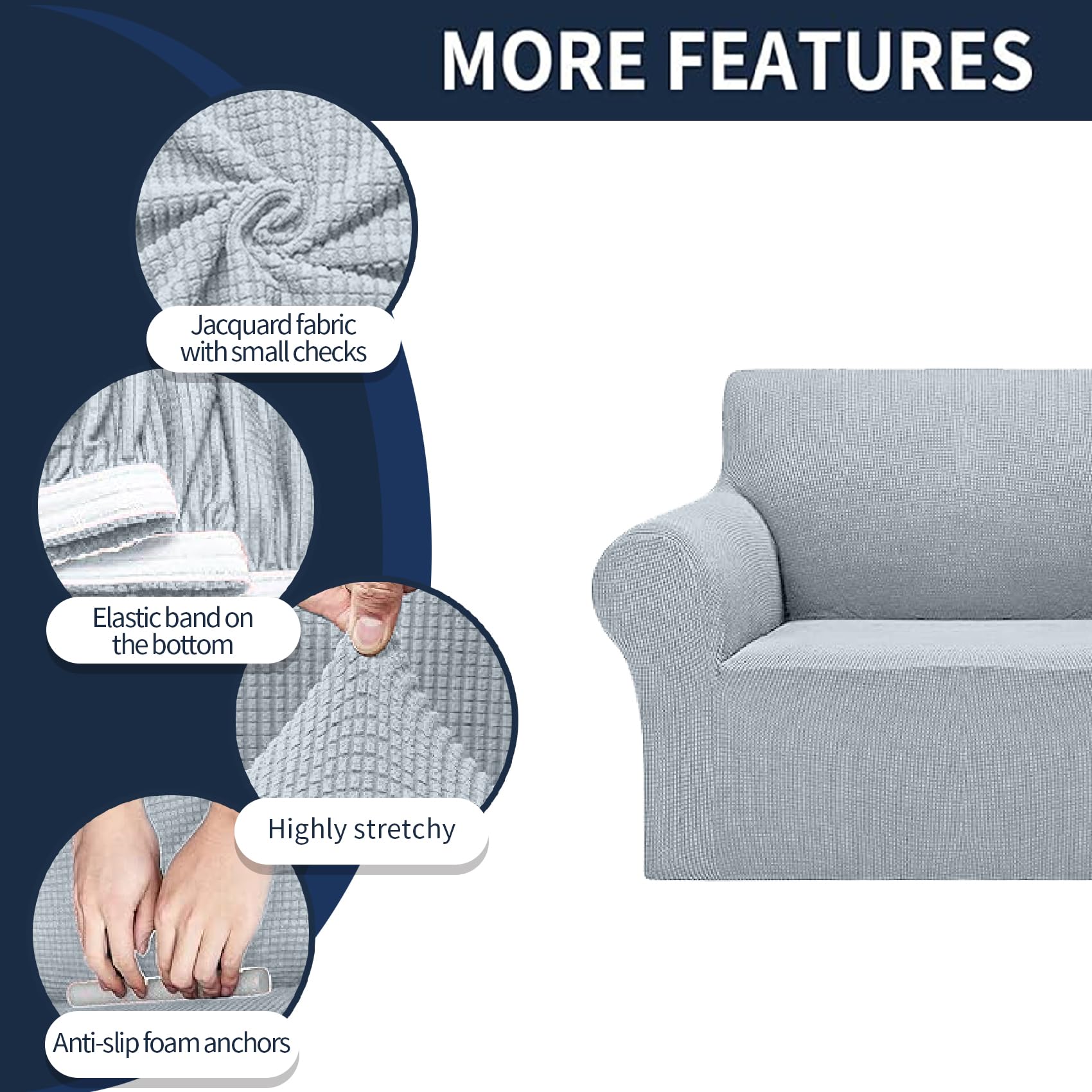 2025 New Stretch Sofa Slipcovers Couch Cover For 3 Cushion Furniture Protector Sofa Covers With Elastic Bottom Jacquard Fabric Small Checks For Pets, Kids -Sofa, Silver