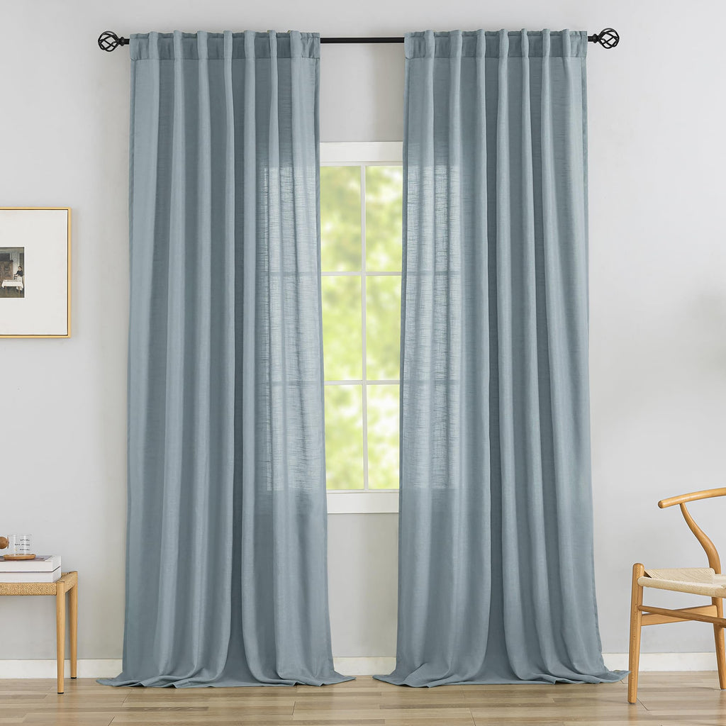 Donren Stone Blue Linen Back Tab Curtains 108 Inches Long Ceiling To Floor For Large Windows - 2 Panels Set Hooks Belt Pinch Pleated Easy Sliding Curtains Semi Privacy Sheer Drapres 52 X 108 Inch