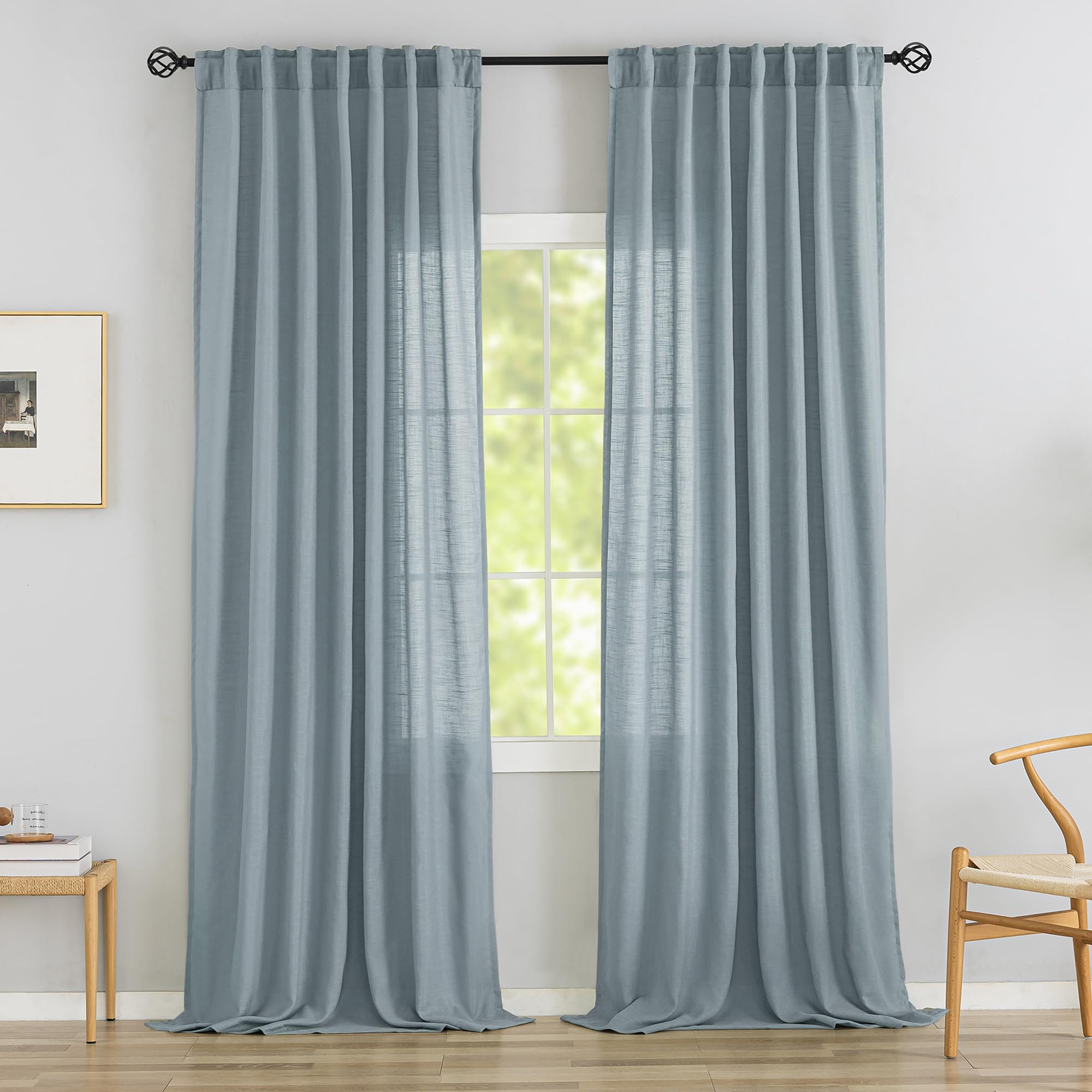 Donren Stone Blue Linen Back Tab Curtains 108 Inches Long Ceiling To Floor For Large Windows - 2 Panels Set Hooks Belt Pinch Pleated Easy Sliding Curtains Semi Privacy Sheer Drapres 52 X 108 Inch