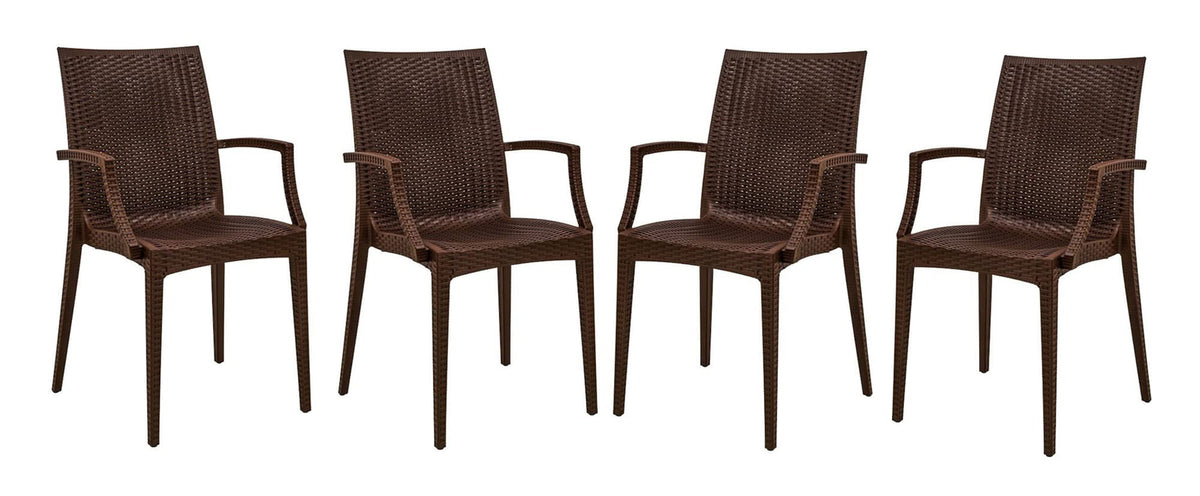 LeisureMod Modern Indoor/Outdoor Home Decorative Furniture Weave Mace Chair (with Arms), Set of 4 - Brown