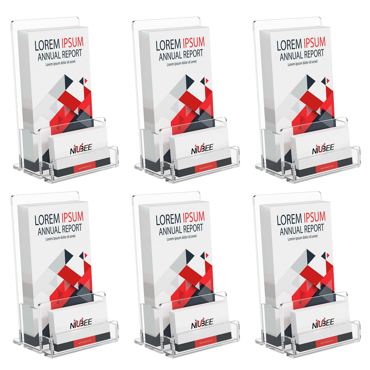 Niubee 6-Pack Acrylic Brochure Holder 4 , Clear Brochure Display Stand With Acrylic Business Card Holder, Plastic Flyer Display