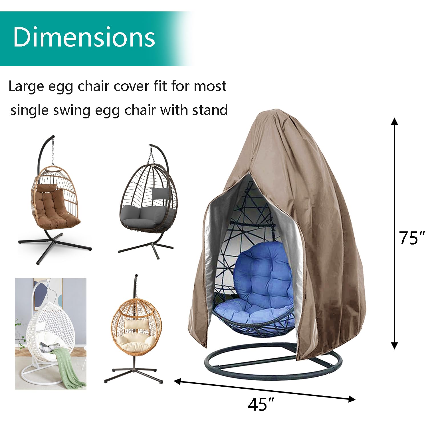 ?Upgraded?Patio Egg Chair Covers With Zipper, Wicker Egg Swing Chair Covers, Waterproof Heavy Duty Weather Resisatnt Outdoor Chair Cover, Windproof Hanging Chair Cover, 75' X 45', Khaki, 1 Pack