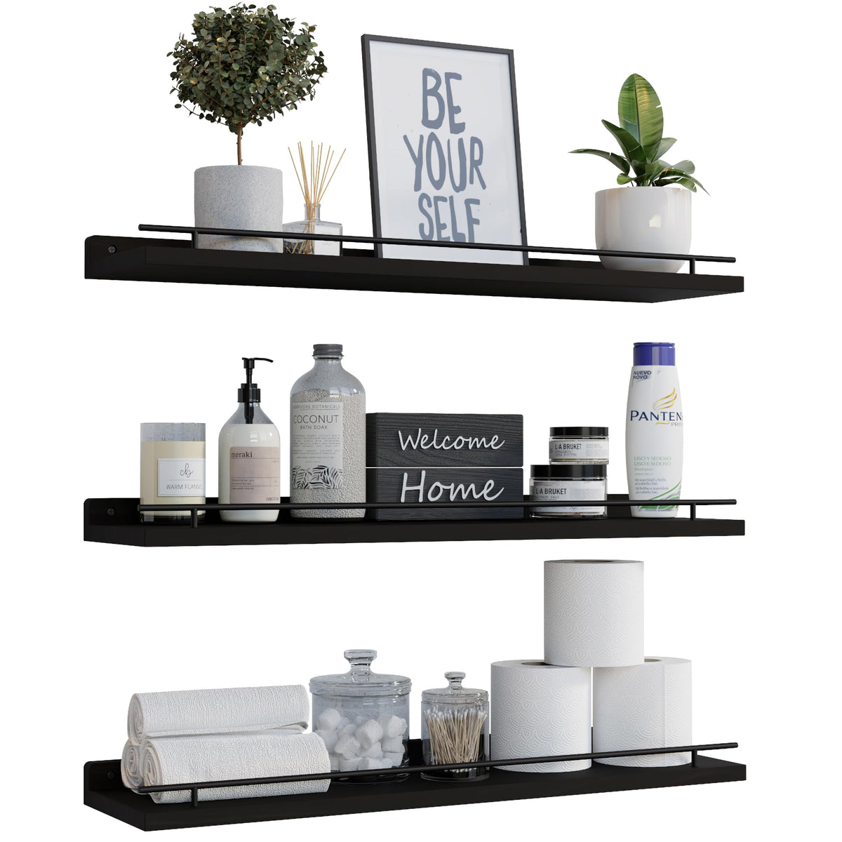 Wopitues Floating Shelves 24 Inch With Gold Metal Guardrail, Shelves For Wall Decor Set Of 3, Wall Shelves For Bedroom, Bathroom, Kitchen, Living Room, Plants, Picture Frames, Art- Black