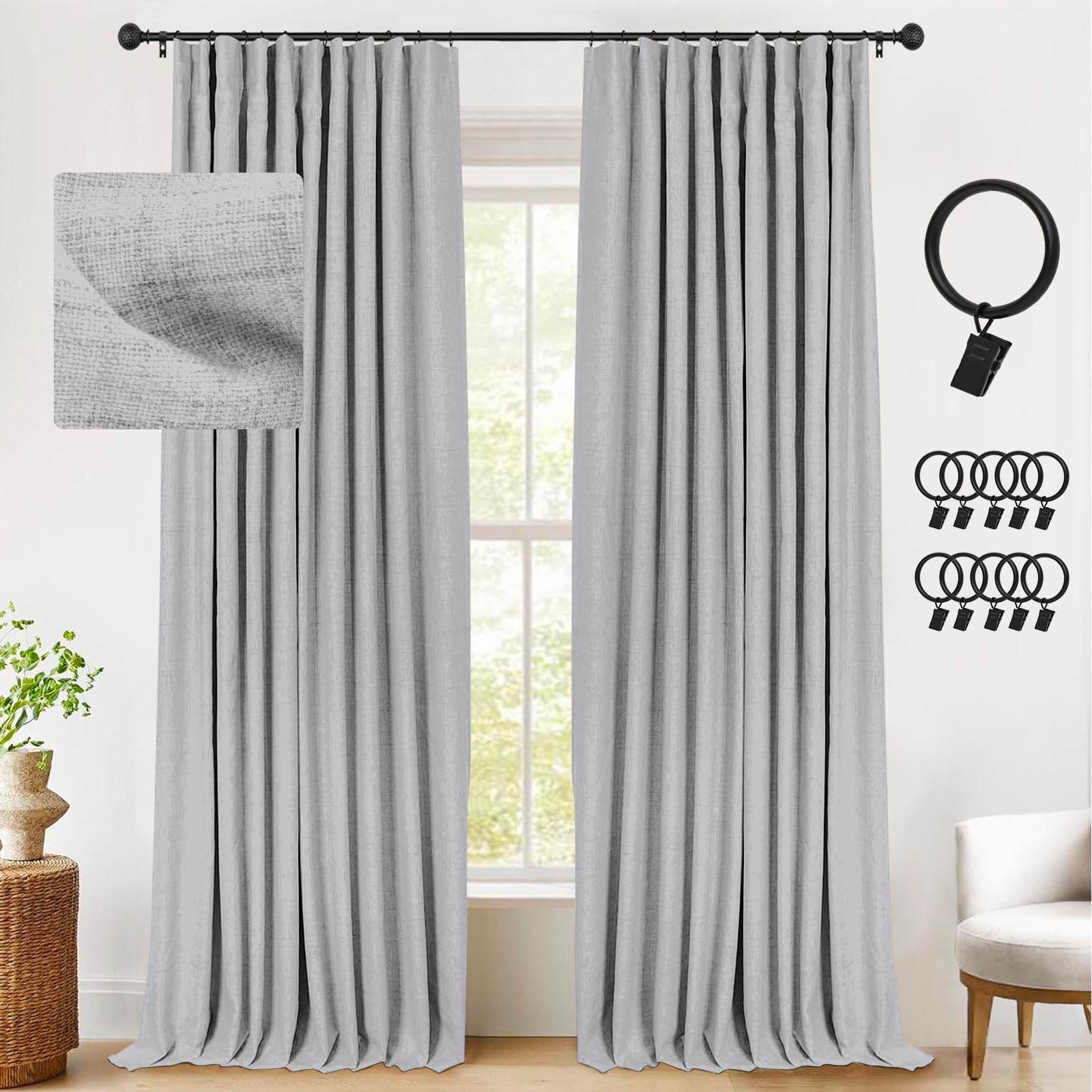INOVADAY Linen Blackout Curtains 96 Inches Long, Thermal Insulated Black Out Curtains & Drapes with Clip Rings for Living Room B