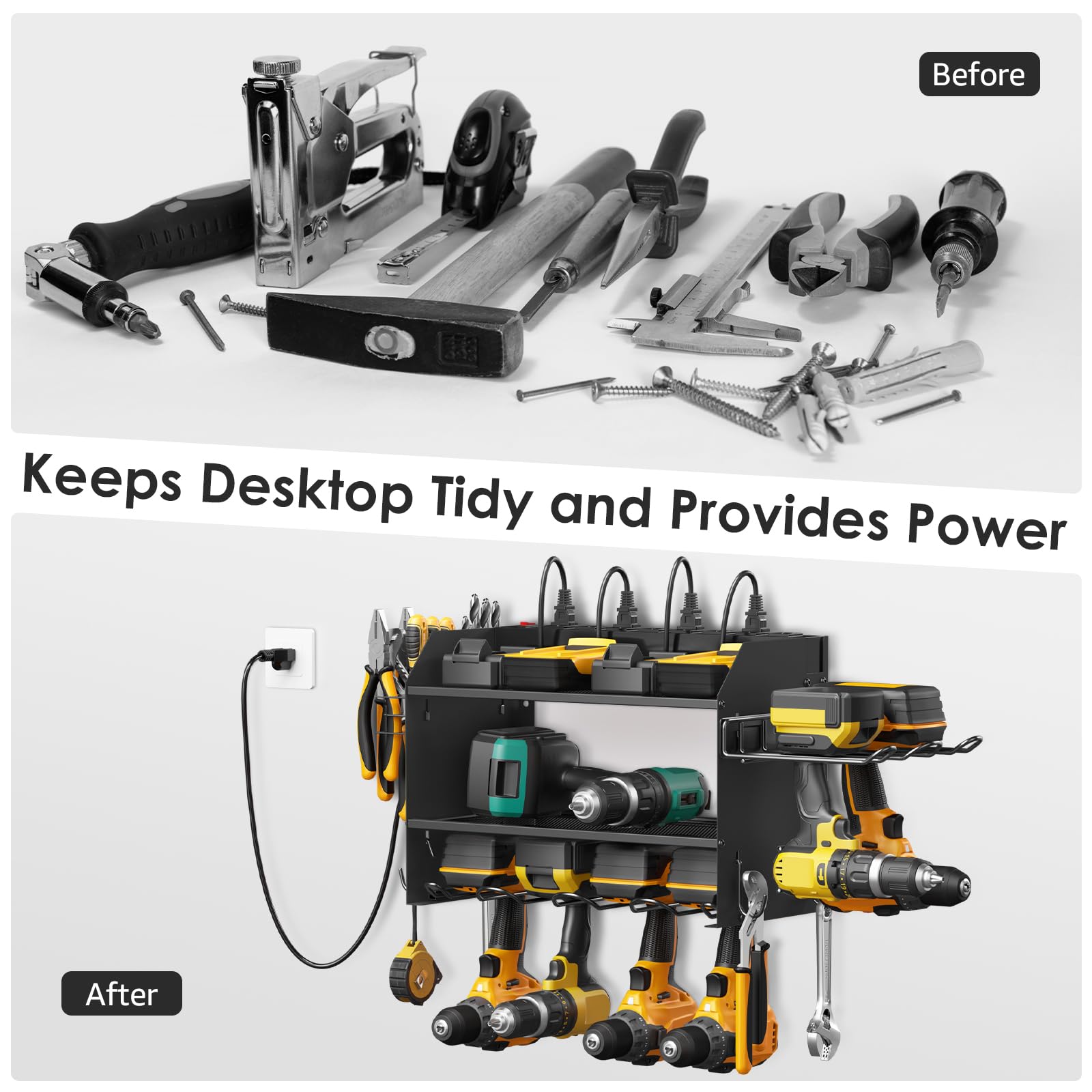 Cccei Modular Power Tool Organizer Wall Mount Charging Station, Black 6 Drills Holder With 8 Plug Power Strip, Garage Drill Battery Heavy Duty Metal Shelf, Utility Rack With Hooks, Side Storage.
