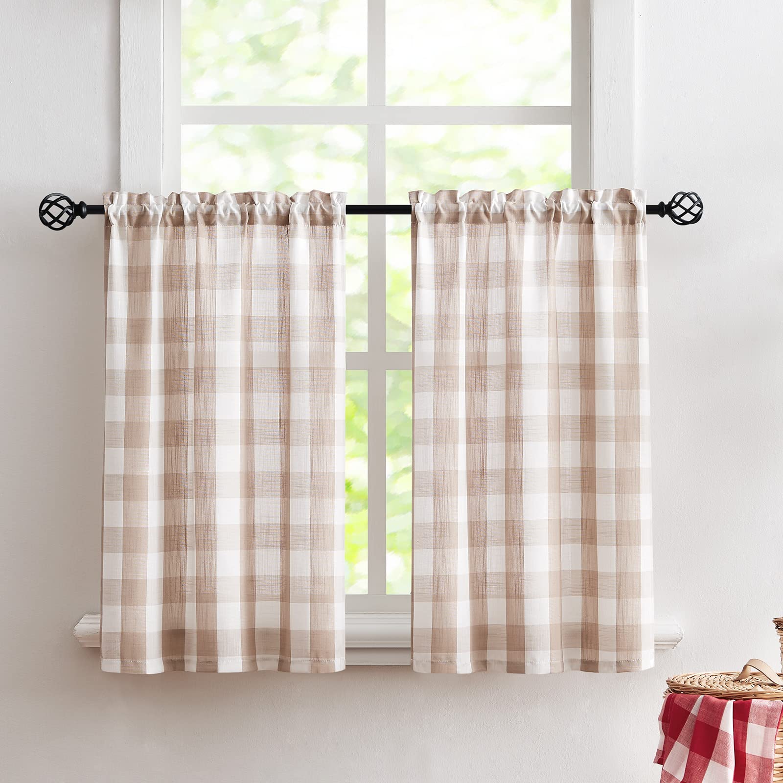 Treatmentex Buffalo Plaid Kitchen Curtains 36Inch Taupe Tier Curtain Set For Laundry Basement Small Window Curtain Panels Caf