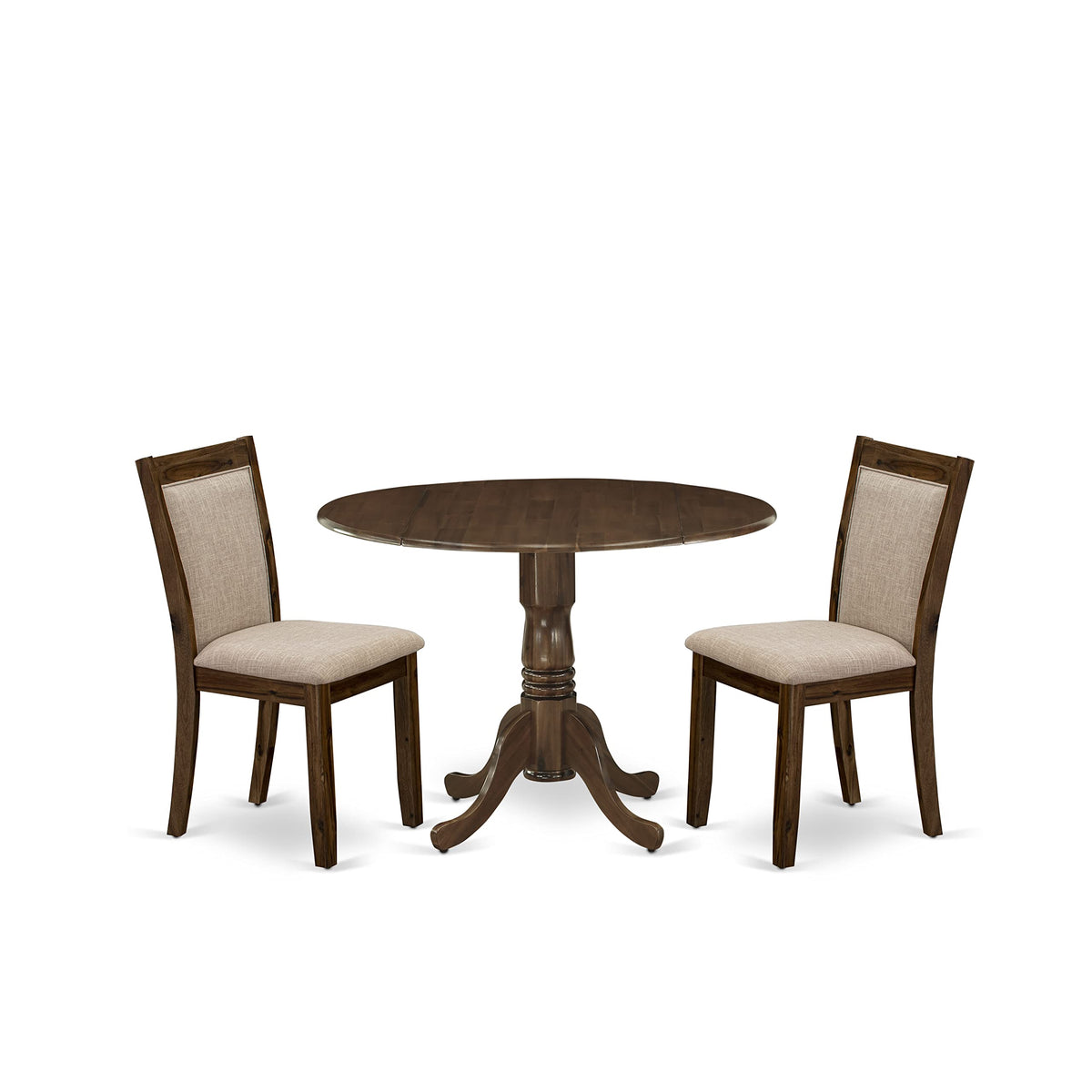 East West Furniture DLMZ3-AWN-04 3 Piece Dinette Set for Small Spaces Contains a Round Dining Table with Dropleaf and 2 Light Tan Linen Fabric Parsons Dining Chairs, 42x42 Inch, Natural Walnut