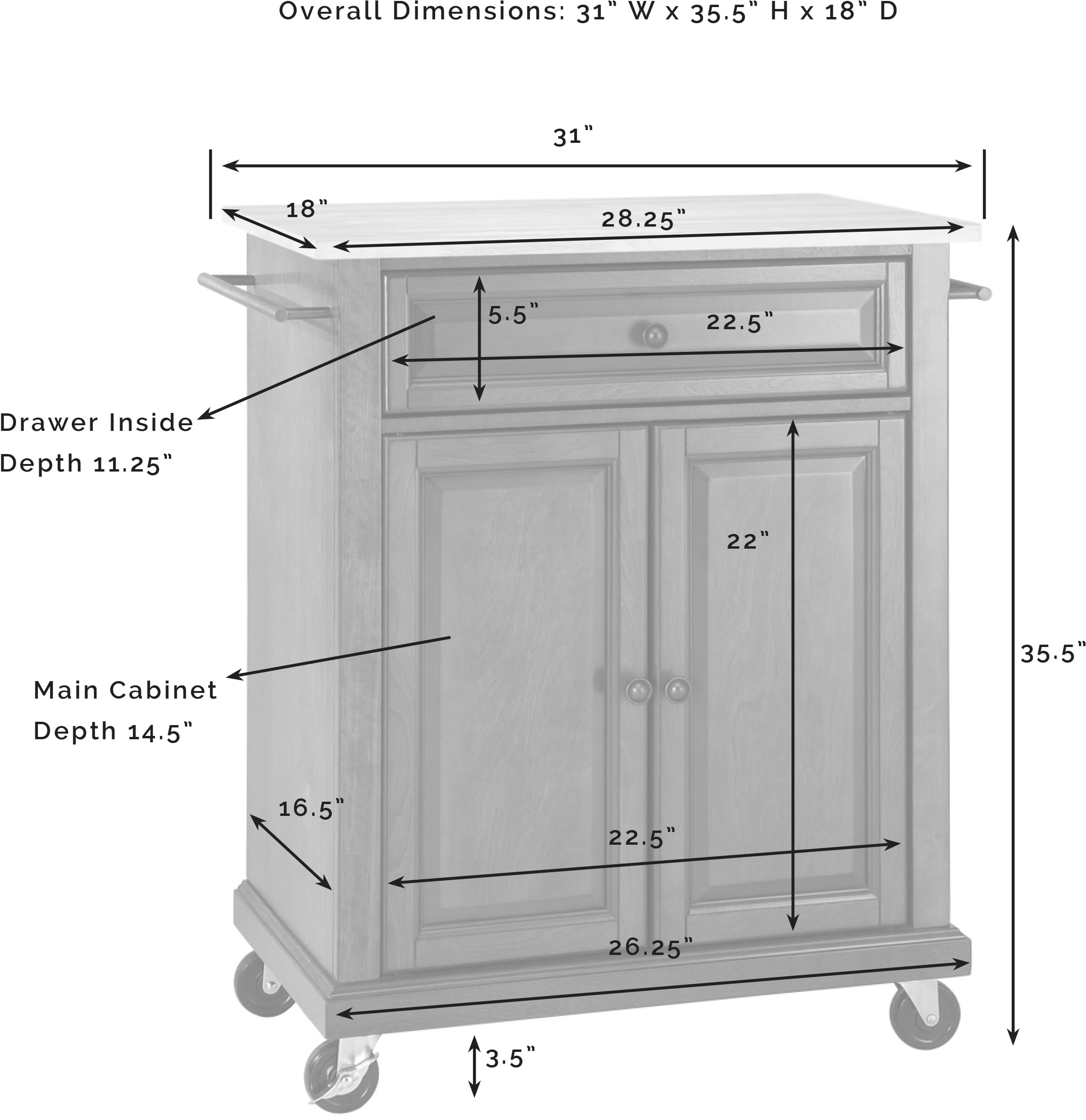 Crosley Furniture Compact Wood Top Small Rolling Cart with Shelves, Microwave Stand with Towel Rack, White