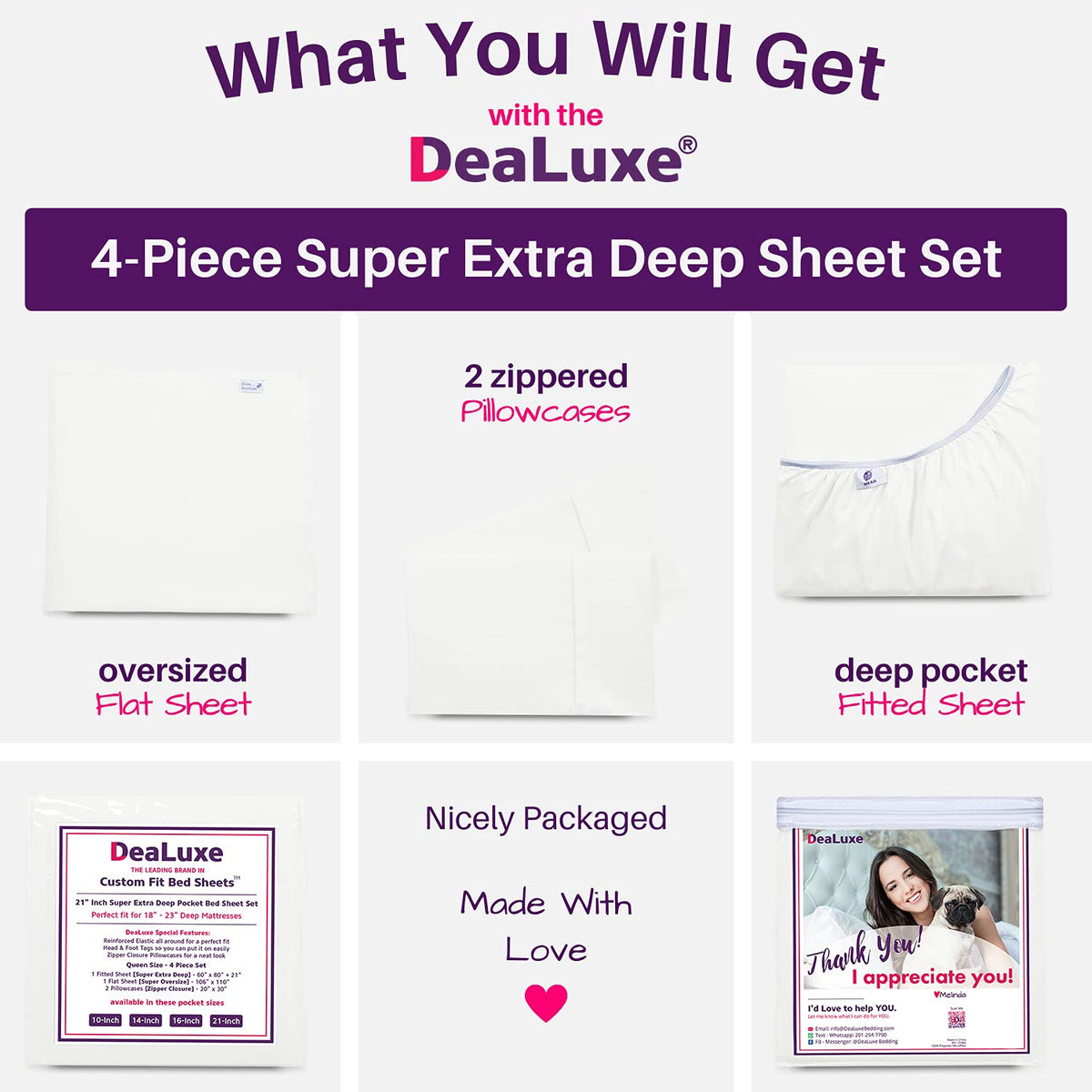 Deep Pocket Queen Sheet Sets - 21    Inch 4 Piece Queen Sheets Deep Pocket Sheets - Oversize Flat Sheet, Fitted Sheet & 2 Zipper